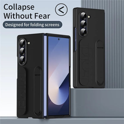 For Samsung Galaxy Z Fold6 5G Case with Tempered Glass Film Kickstand Wristband PC+Silicone Phone Cover