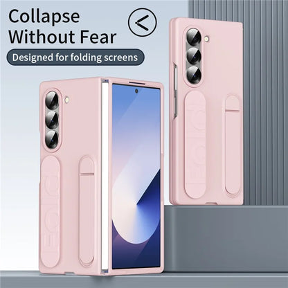 For Samsung Galaxy Z Fold6 5G Case with Tempered Glass Film Kickstand Wristband PC+Silicone Phone Cover
