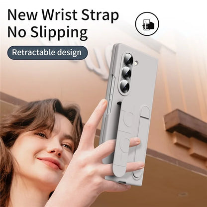 For Samsung Galaxy Z Fold6 5G Case with Tempered Glass Film Kickstand Wristband PC+Silicone Phone Cover