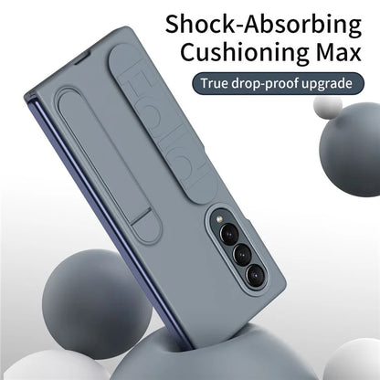For Samsung Galaxy Z Fold4 5G Case with Tempered Glass Film Kickstand Wristband PC+Silicone Phone Cover