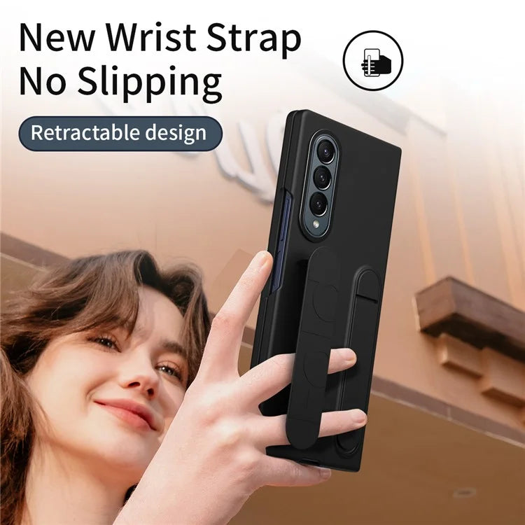 For Samsung Galaxy Z Fold4 5G Case with Tempered Glass Film Kickstand Wristband PC+Silicone Phone Cover