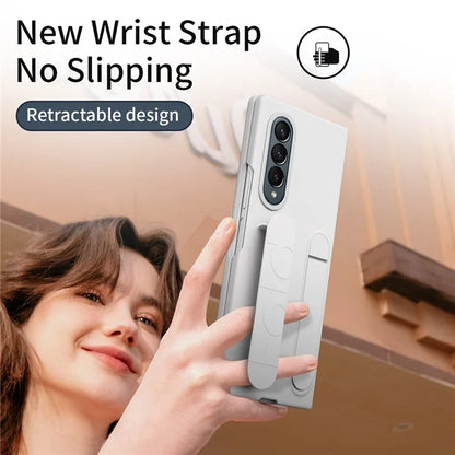 For Samsung Galaxy Z Fold4 5G Case with Tempered Glass Film Kickstand Wristband PC+Silicone Phone Cover