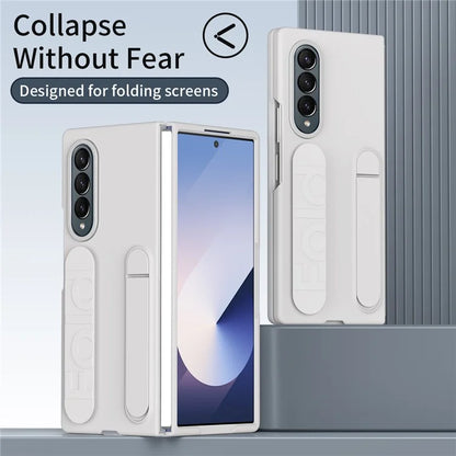 For Samsung Galaxy Z Fold4 5G Case with Tempered Glass Film Kickstand Wristband PC+Silicone Phone Cover