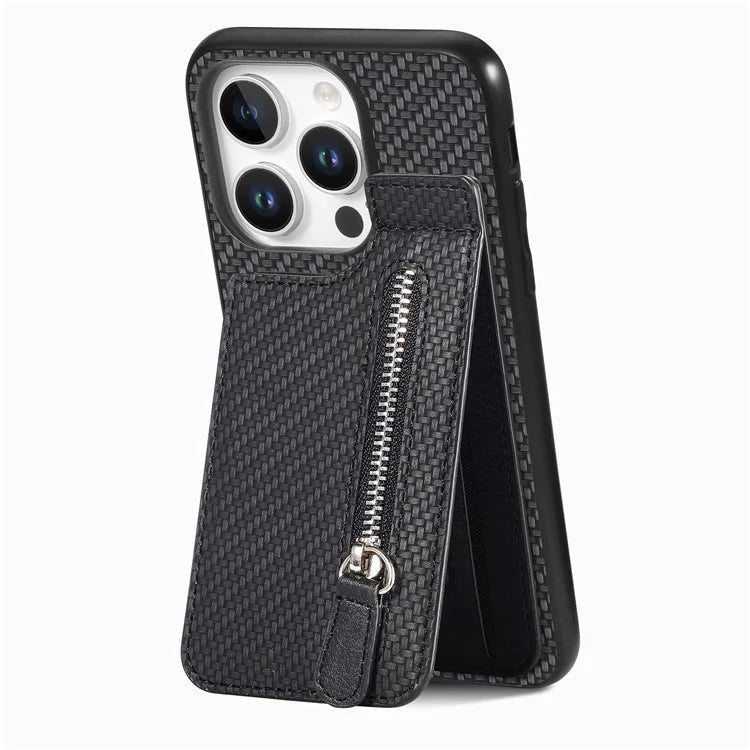 C1-03 For iPhone 16 Pro Max Case Carbon Fiber PU+TPU+PC Kickstand Phone Cover Card Slots Zipper Pocket