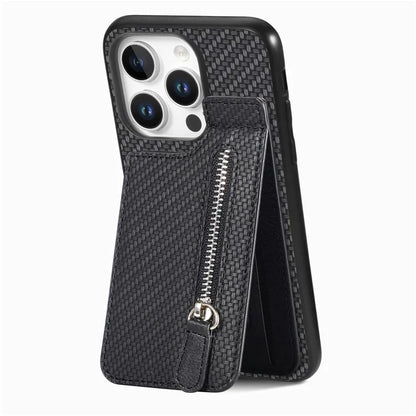 C1-03 For iPhone 16 Pro Max Case Carbon Fiber PU+TPU+PC Kickstand Phone Cover Card Slots Zipper Pocket