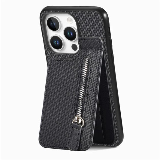 C1-03 For iPhone 16 Pro Max Case Carbon Fiber PU+TPU+PC Kickstand Phone Cover Card Slots Zipper Pocket