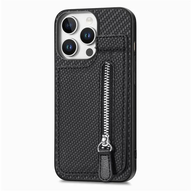 C1-03 For iPhone 16 Pro Max Case Carbon Fiber PU+TPU+PC Kickstand Phone Cover Card Slots Zipper Pocket