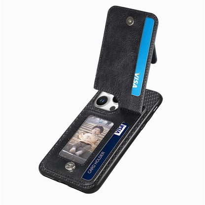 C1-03 For iPhone 16 Pro Max Case Carbon Fiber PU+TPU+PC Kickstand Phone Cover Card Slots Zipper Pocket