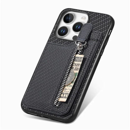 C1-03 For iPhone 16 Pro Max Case Carbon Fiber PU+TPU+PC Kickstand Phone Cover Card Slots Zipper Pocket