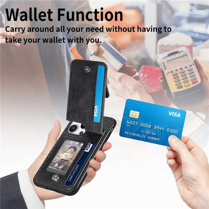 C1-03 For iPhone 16 Pro Max Case Carbon Fiber PU+TPU+PC Kickstand Phone Cover Card Slots Zipper Pocket