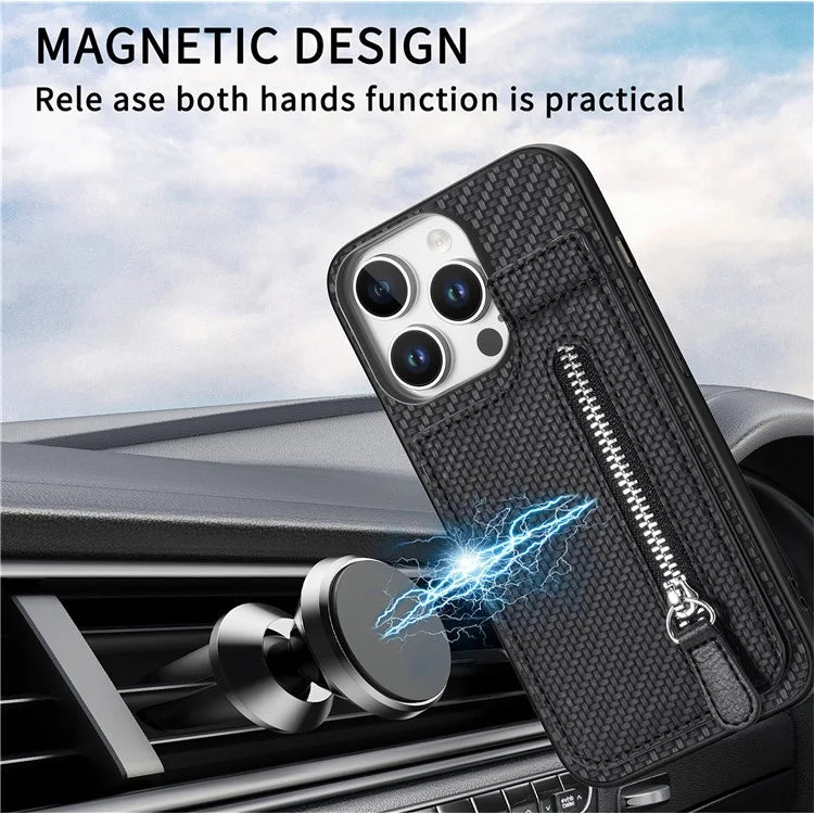 C1-03 For iPhone 16 Pro Max Case Carbon Fiber PU+TPU+PC Kickstand Phone Cover Card Slots Zipper Pocket