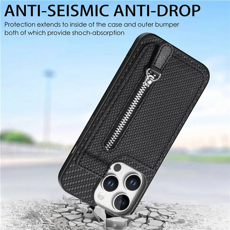 C1-03 For iPhone 16 Pro Max Case Carbon Fiber PU+TPU+PC Kickstand Phone Cover Card Slots Zipper Pocket