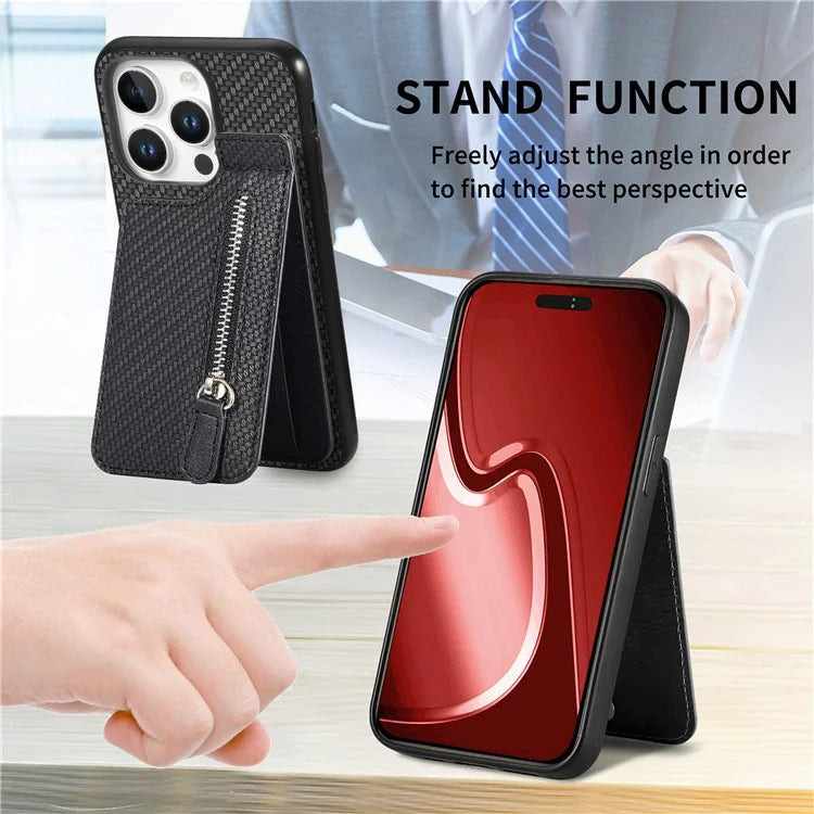 C1-03 For iPhone 16 Pro Max Case Carbon Fiber PU+TPU+PC Kickstand Phone Cover Card Slots Zipper Pocket