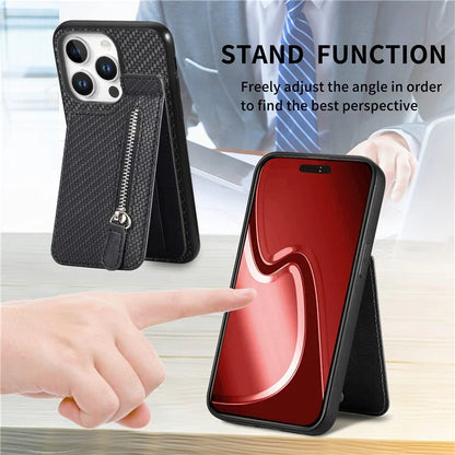C1-03 For iPhone 16 Pro Max Case Carbon Fiber PU+TPU+PC Kickstand Phone Cover Card Slots Zipper Pocket