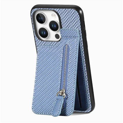 C1-03 For iPhone 16 Pro Max Case Carbon Fiber PU+TPU+PC Kickstand Phone Cover Card Slots Zipper Pocket