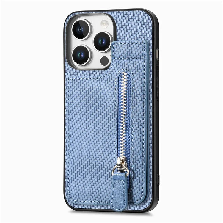 C1-03 For iPhone 16 Pro Max Case Carbon Fiber PU+TPU+PC Kickstand Phone Cover Card Slots Zipper Pocket