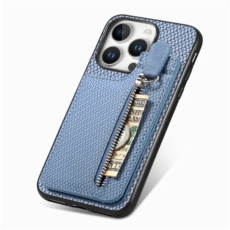 C1-03 For iPhone 16 Pro Max Case Carbon Fiber PU+TPU+PC Kickstand Phone Cover Card Slots Zipper Pocket