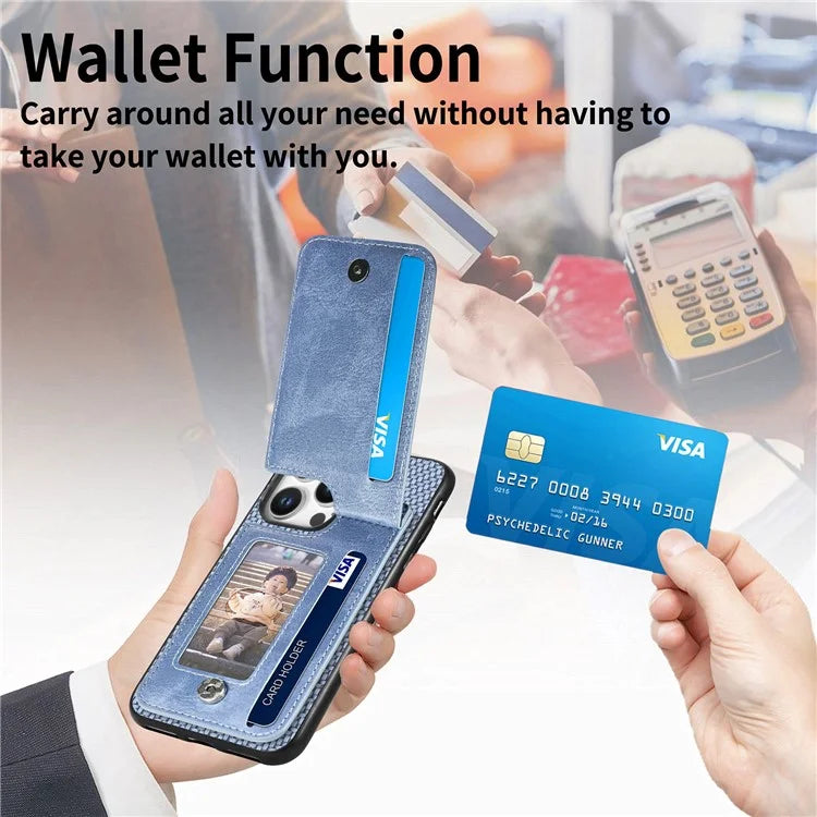 C1-03 For iPhone 16 Pro Max Case Carbon Fiber PU+TPU+PC Kickstand Phone Cover Card Slots Zipper Pocket