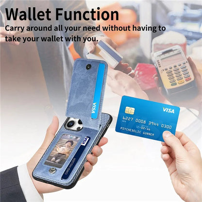 C1-03 For iPhone 16 Pro Max Case Carbon Fiber PU+TPU+PC Kickstand Phone Cover Card Slots Zipper Pocket