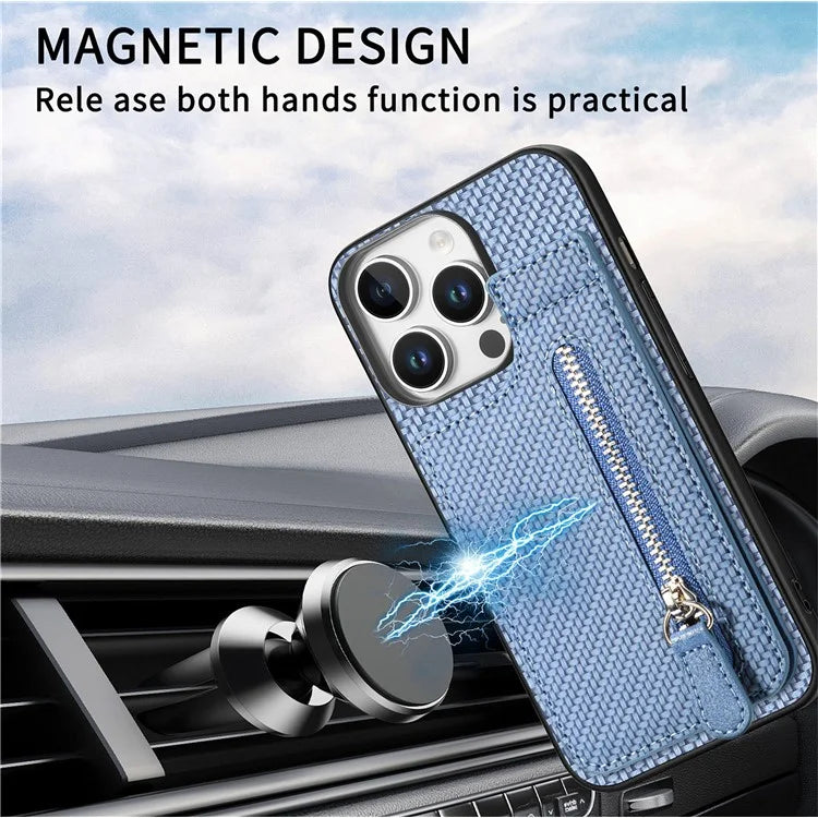 C1-03 For iPhone 16 Pro Max Case Carbon Fiber PU+TPU+PC Kickstand Phone Cover Card Slots Zipper Pocket