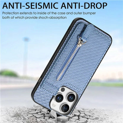 C1-03 For iPhone 16 Pro Max Case Carbon Fiber PU+TPU+PC Kickstand Phone Cover Card Slots Zipper Pocket