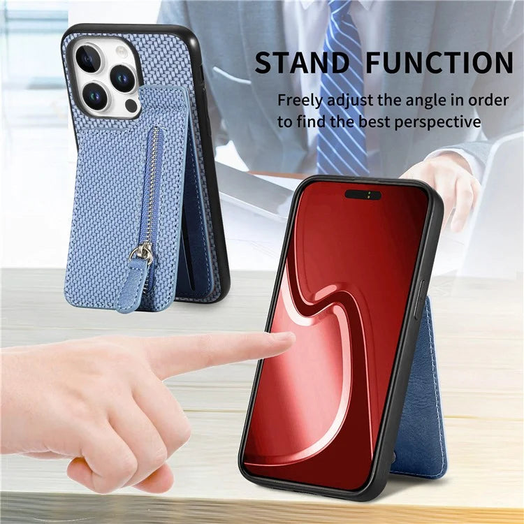 C1-03 For iPhone 16 Pro Max Case Carbon Fiber PU+TPU+PC Kickstand Phone Cover Card Slots Zipper Pocket