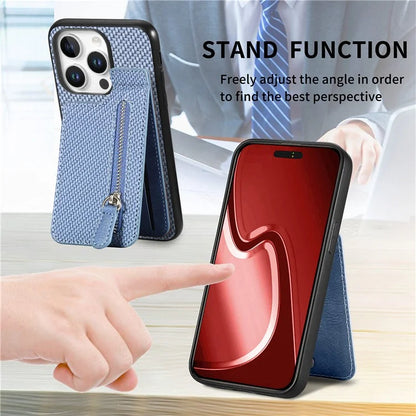 C1-03 For iPhone 16 Pro Max Case Carbon Fiber PU+TPU+PC Kickstand Phone Cover Card Slots Zipper Pocket