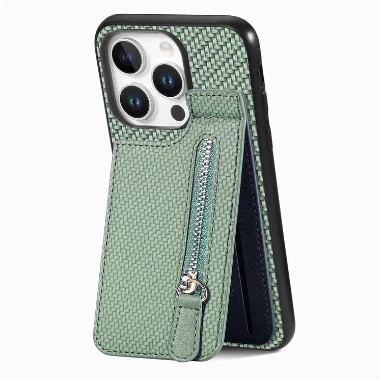 C1-03 For iPhone 16 Pro Max Case Carbon Fiber PU+TPU+PC Kickstand Phone Cover Card Slots Zipper Pocket