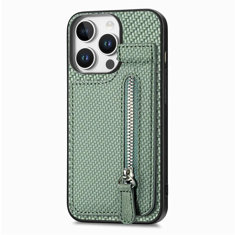 C1-03 For iPhone 16 Pro Max Case Carbon Fiber PU+TPU+PC Kickstand Phone Cover Card Slots Zipper Pocket