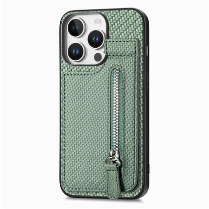C1-03 For iPhone 16 Pro Max Case Carbon Fiber PU+TPU+PC Kickstand Phone Cover Card Slots Zipper Pocket