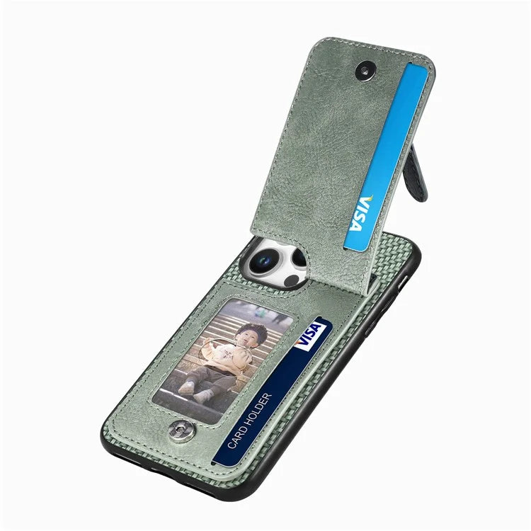 C1-03 For iPhone 16 Pro Max Case Carbon Fiber PU+TPU+PC Kickstand Phone Cover Card Slots Zipper Pocket