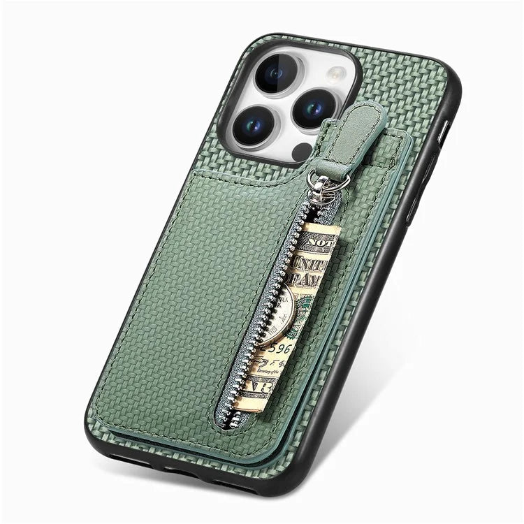 C1-03 For iPhone 16 Pro Max Case Carbon Fiber PU+TPU+PC Kickstand Phone Cover Card Slots Zipper Pocket