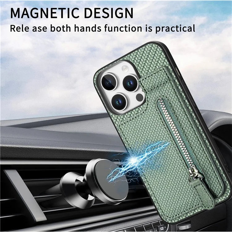 C1-03 For iPhone 16 Pro Max Case Carbon Fiber PU+TPU+PC Kickstand Phone Cover Card Slots Zipper Pocket