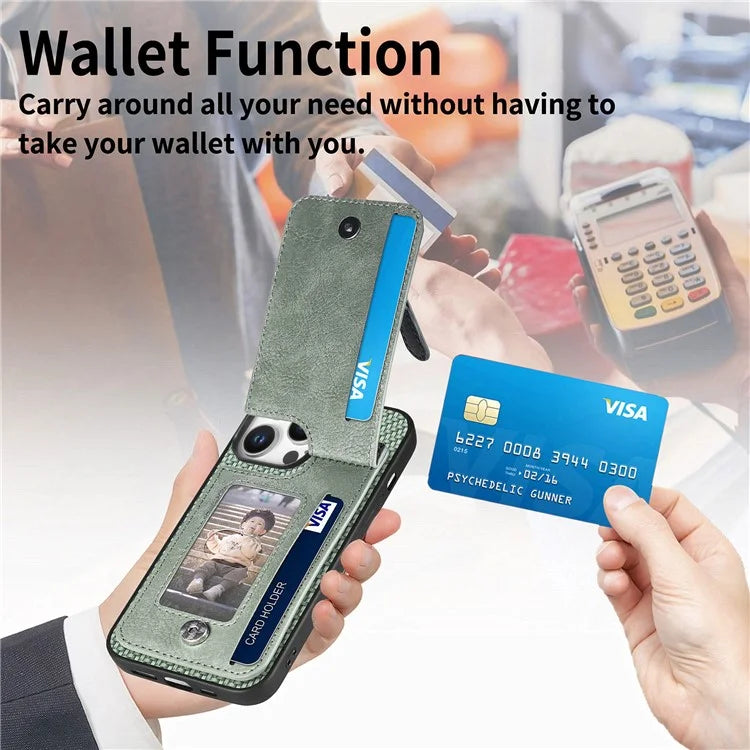 C1-03 For iPhone 16 Pro Max Case Carbon Fiber PU+TPU+PC Kickstand Phone Cover Card Slots Zipper Pocket
