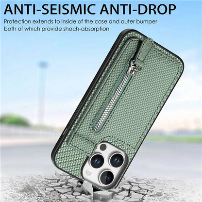 C1-03 For iPhone 16 Pro Max Case Carbon Fiber PU+TPU+PC Kickstand Phone Cover Card Slots Zipper Pocket