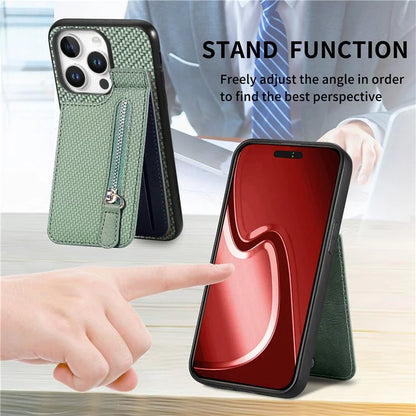 C1-03 For iPhone 16 Pro Max Case Carbon Fiber PU+TPU+PC Kickstand Phone Cover Card Slots Zipper Pocket