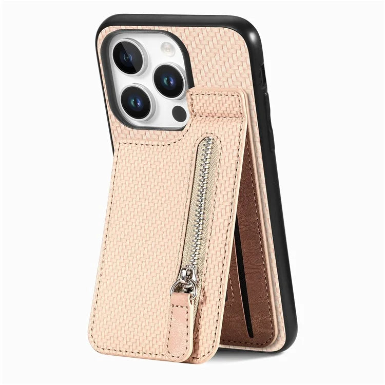 C1-03 For iPhone 16 Pro Max Case Carbon Fiber PU+TPU+PC Kickstand Phone Cover Card Slots Zipper Pocket