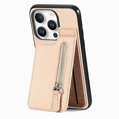 C1-03 For iPhone 16 Pro Max Case Carbon Fiber PU+TPU+PC Kickstand Phone Cover Card Slots Zipper Pocket