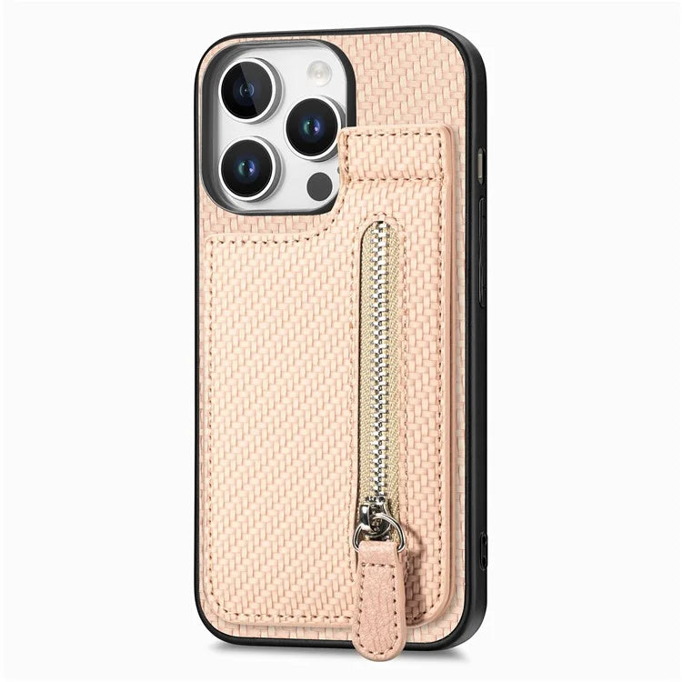 C1-03 For iPhone 16 Pro Max Case Carbon Fiber PU+TPU+PC Kickstand Phone Cover Card Slots Zipper Pocket