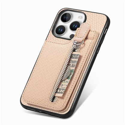 C1-03 For iPhone 16 Pro Max Case Carbon Fiber PU+TPU+PC Kickstand Phone Cover Card Slots Zipper Pocket