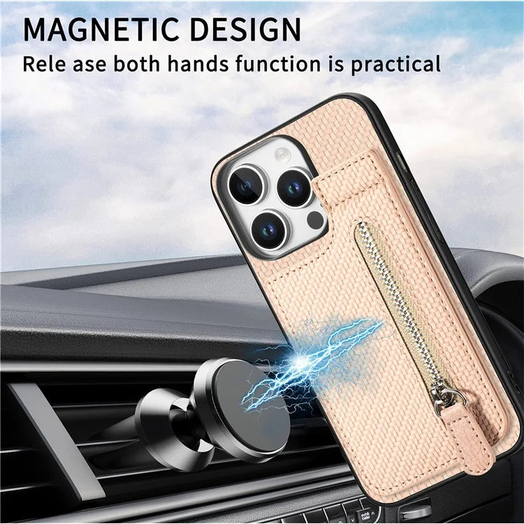 C1-03 For iPhone 16 Pro Max Case Carbon Fiber PU+TPU+PC Kickstand Phone Cover Card Slots Zipper Pocket