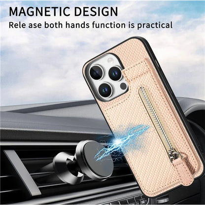 C1-03 For iPhone 16 Pro Max Case Carbon Fiber PU+TPU+PC Kickstand Phone Cover Card Slots Zipper Pocket