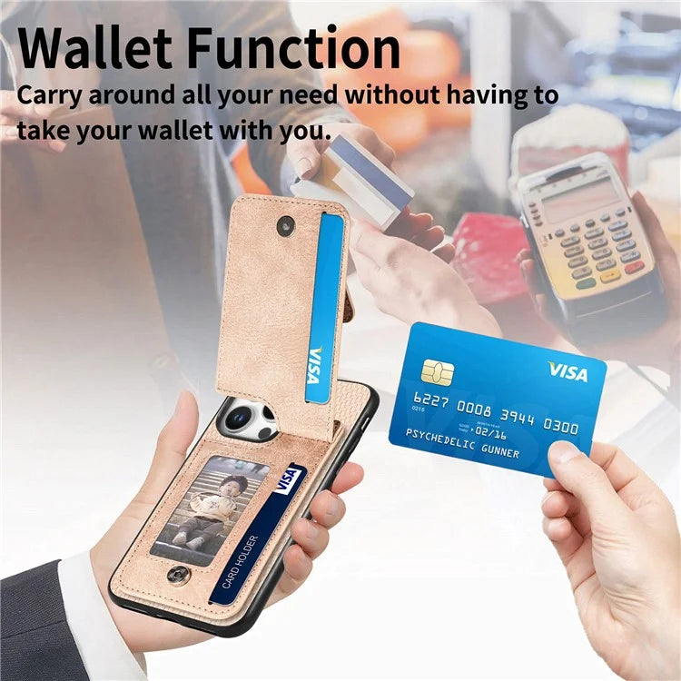C1-03 For iPhone 16 Pro Max Case Carbon Fiber PU+TPU+PC Kickstand Phone Cover Card Slots Zipper Pocket