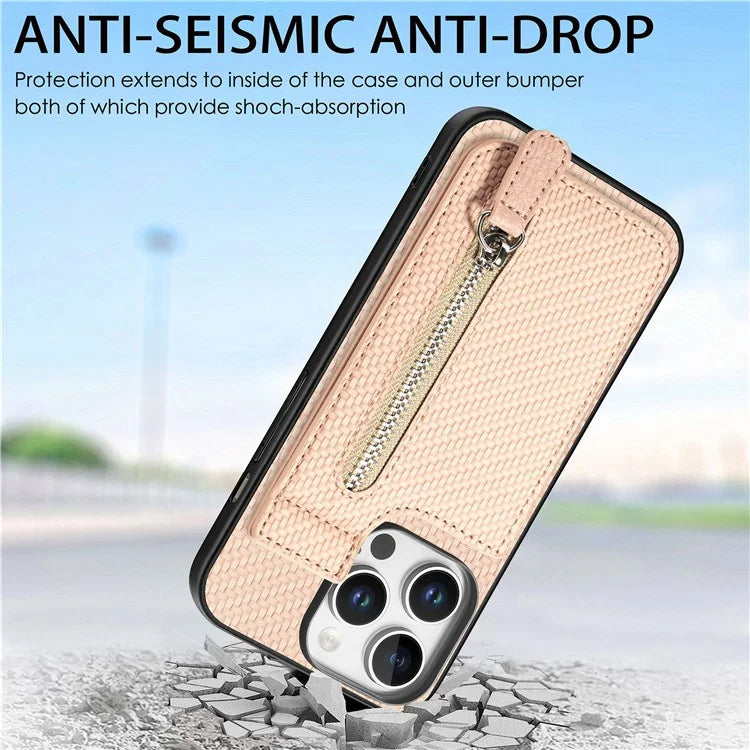 C1-03 For iPhone 16 Pro Max Case Carbon Fiber PU+TPU+PC Kickstand Phone Cover Card Slots Zipper Pocket