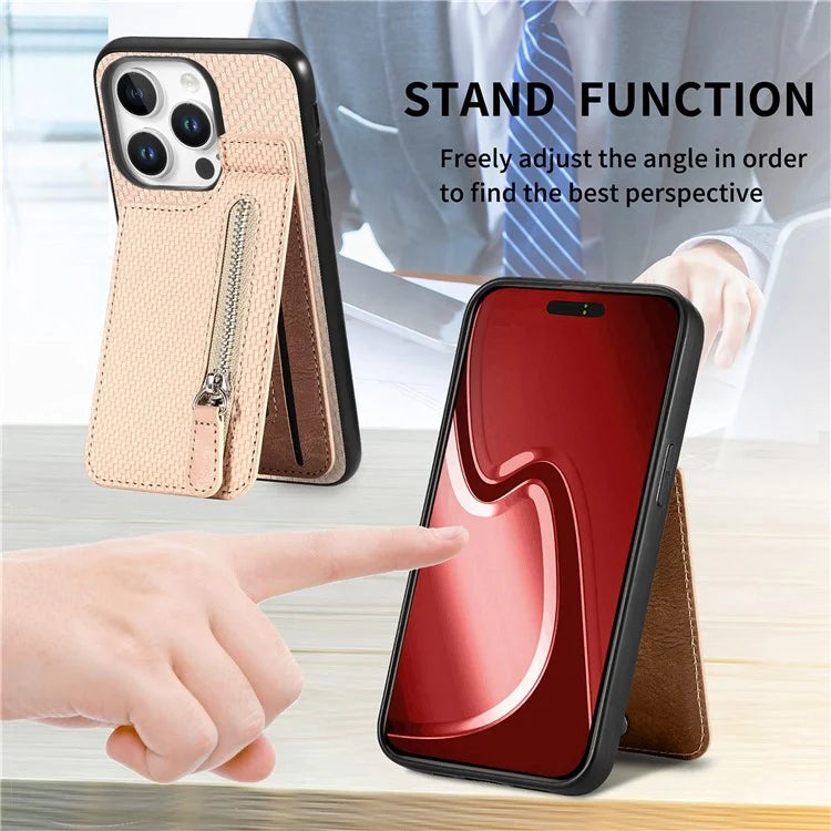 C1-03 For iPhone 16 Pro Max Case Carbon Fiber PU+TPU+PC Kickstand Phone Cover Card Slots Zipper Pocket
