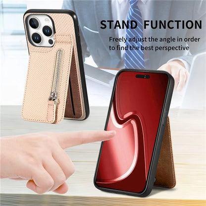 C1-03 For iPhone 16 Pro Max Case Carbon Fiber PU+TPU+PC Kickstand Phone Cover Card Slots Zipper Pocket