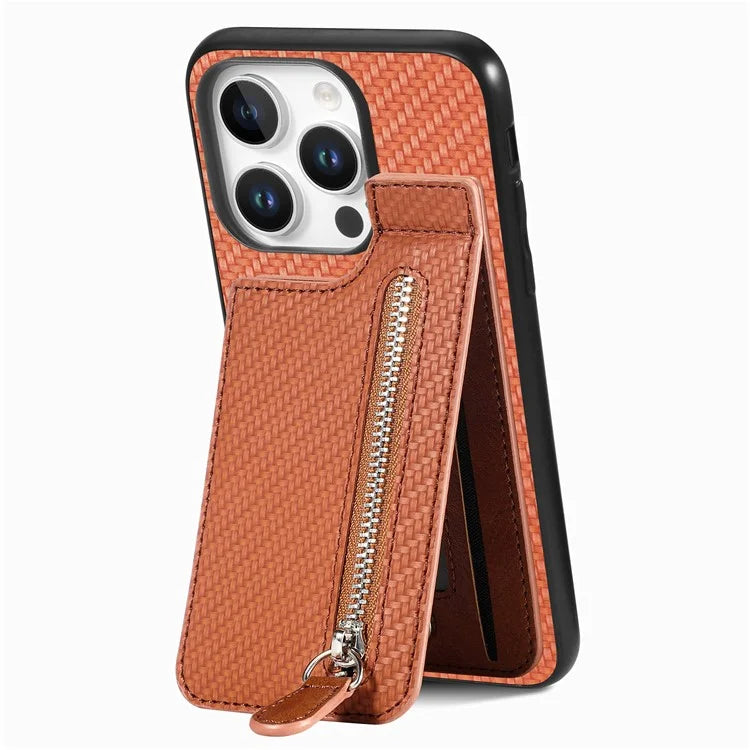 C1-03 For iPhone 16 Pro Max Case Carbon Fiber PU+TPU+PC Kickstand Phone Cover Card Slots Zipper Pocket