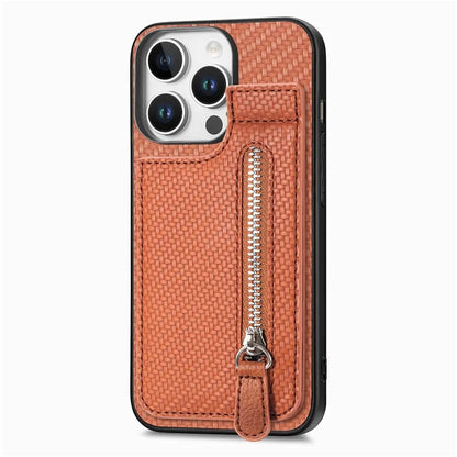 C1-03 For iPhone 16 Pro Max Case Carbon Fiber PU+TPU+PC Kickstand Phone Cover Card Slots Zipper Pocket