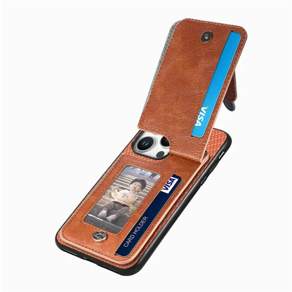 C1-03 For iPhone 16 Pro Max Case Carbon Fiber PU+TPU+PC Kickstand Phone Cover Card Slots Zipper Pocket