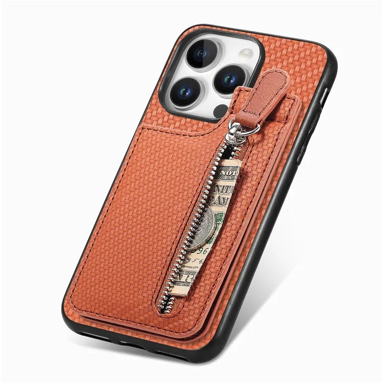 C1-03 For iPhone 16 Pro Max Case Carbon Fiber PU+TPU+PC Kickstand Phone Cover Card Slots Zipper Pocket